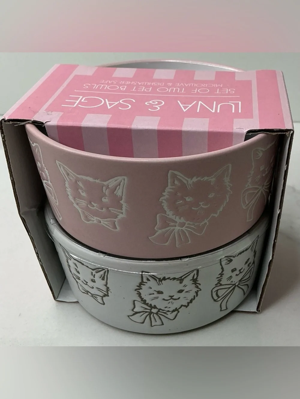 Luna & Sage PET BOWL CAT FACE WITH BOW PINK& IVORY NEW